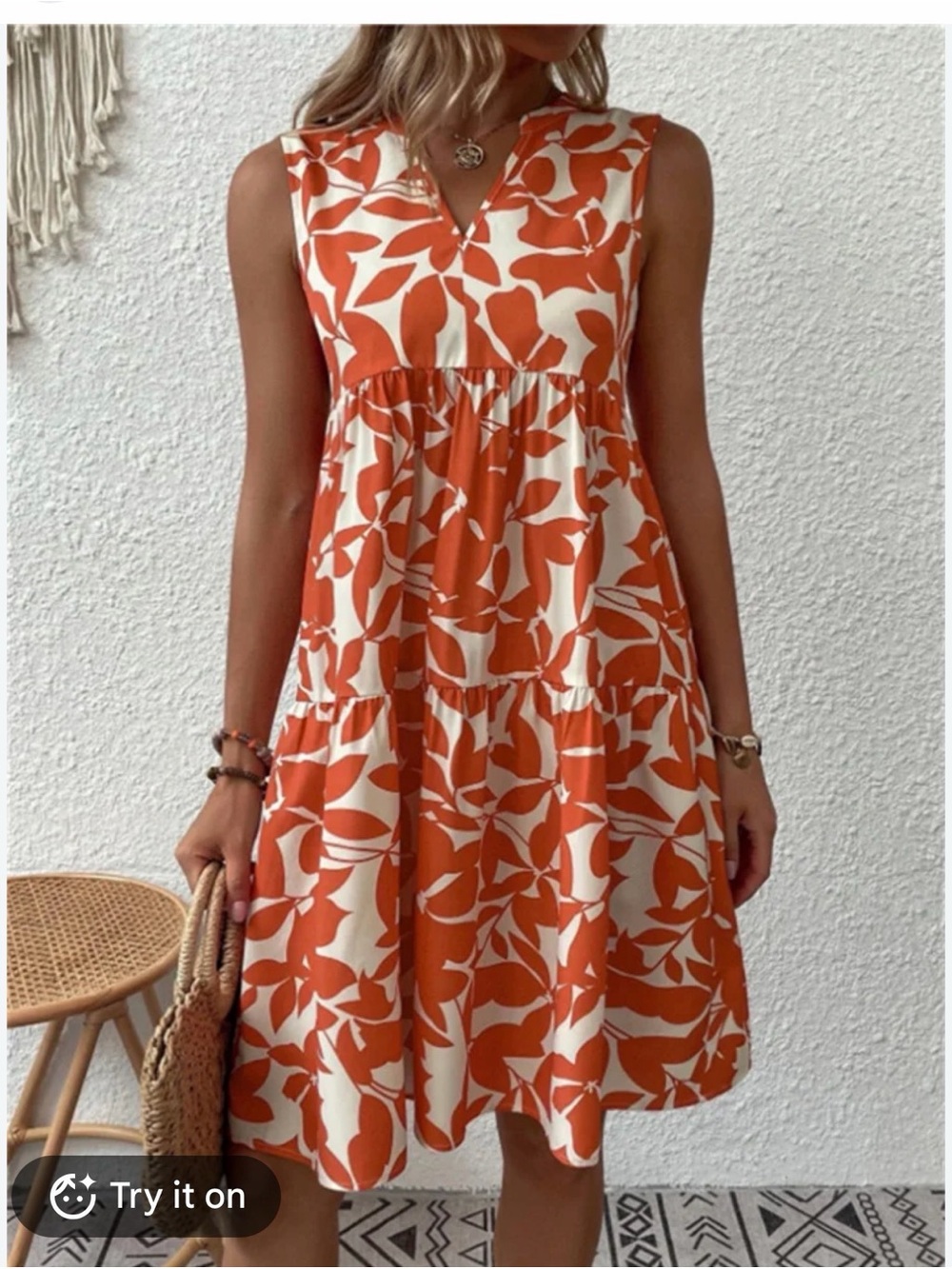 SHEIN. Sleeveless V-Neck Orange & Cream Leaf Print Dress